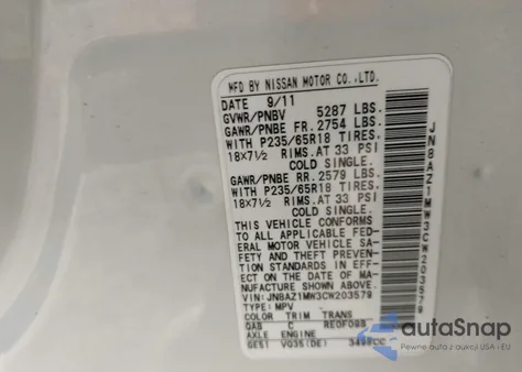 2012 Nissan Murano Sv из США, поврежденный, VIN JN8AZ1MW3CW203579